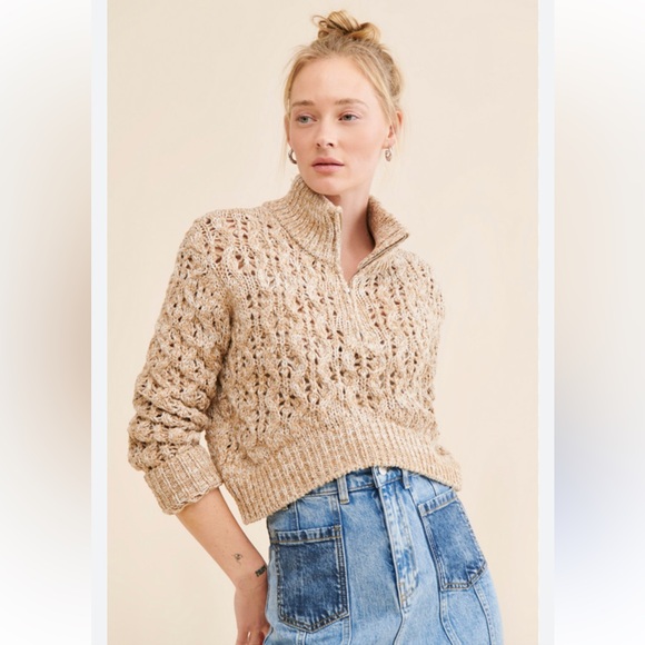 Urban Outfitters BDG Killian Quarter Zip Pointelle Chunky Crop Sweater SMALL - Picture 1 of 8
